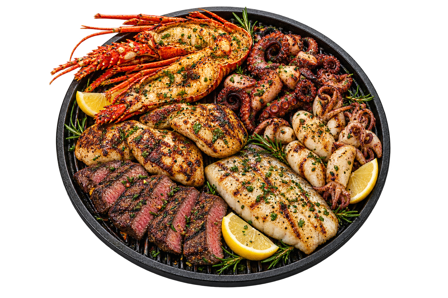 Sea and meat grill platter with lobster, octopus, calamari, fish, chicken and beef